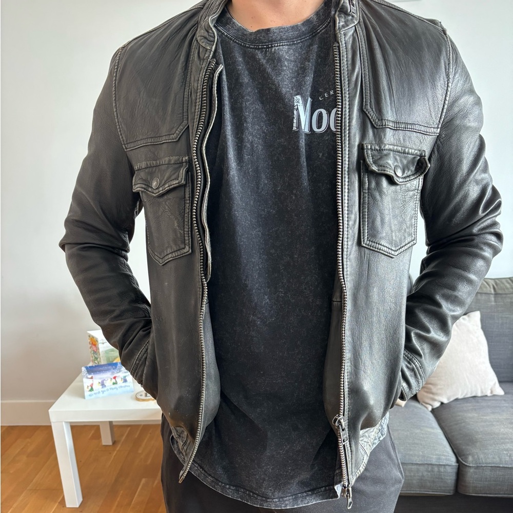 All Saints Black Leather Bomber Jacket